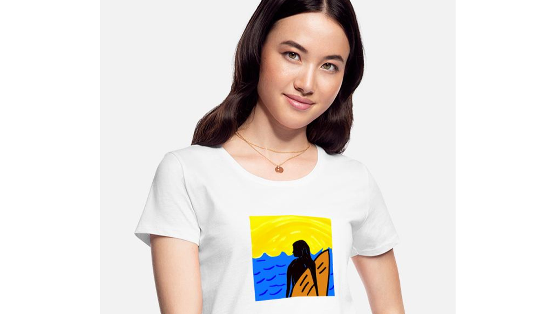 Playful, hand drawn surfer girl with bold, bright colors